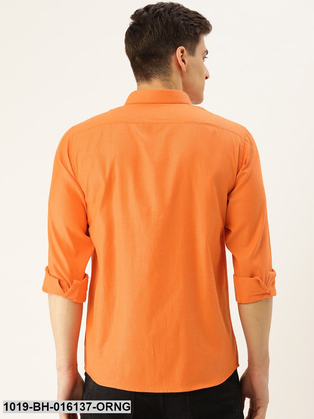 Men's Cotton Orange Self Design Casual Shirt