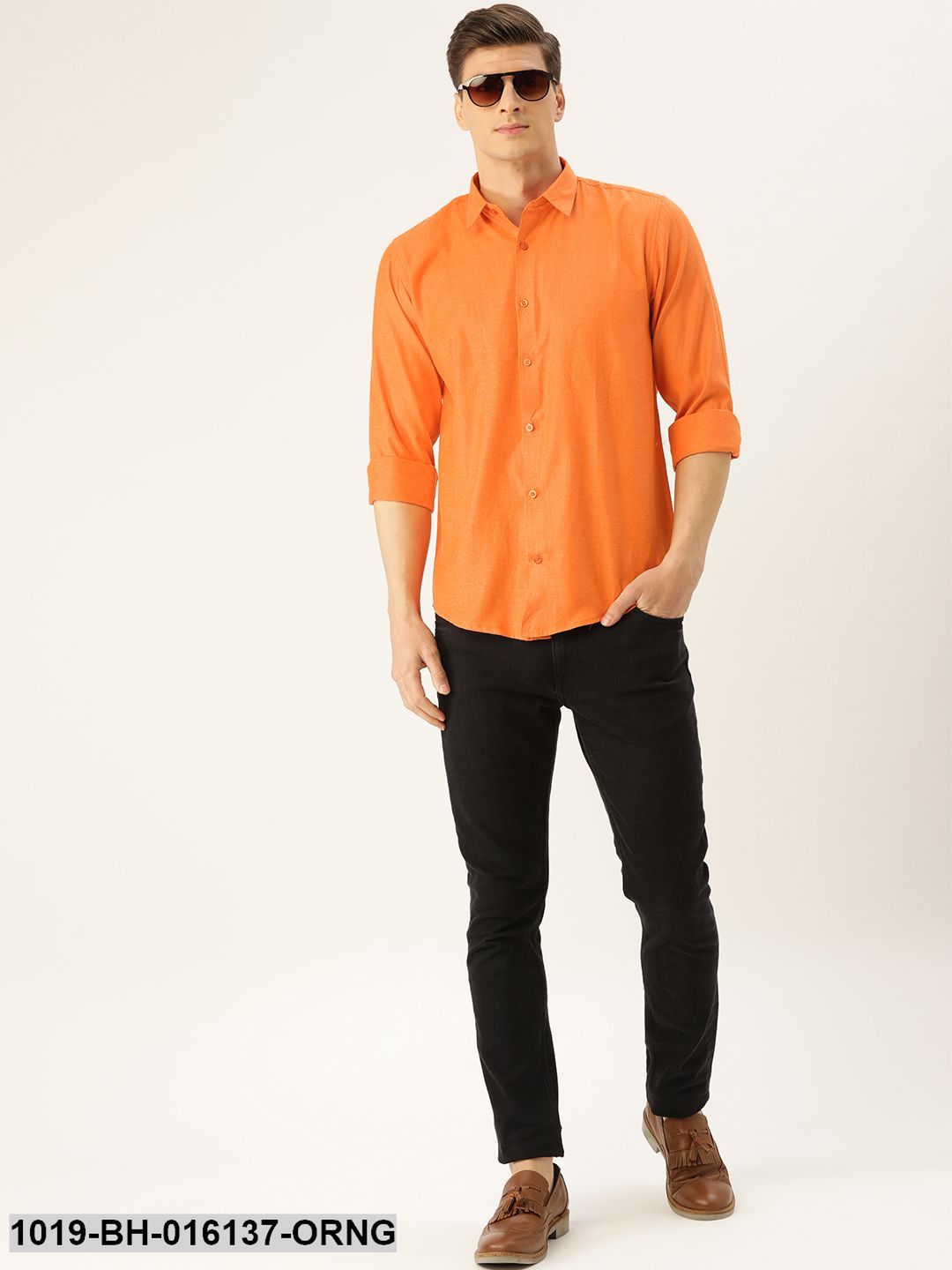 Men's Cotton Orange Self Design Casual Shirt