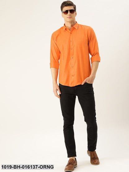 Men's Cotton Orange Self Design Casual Shirt