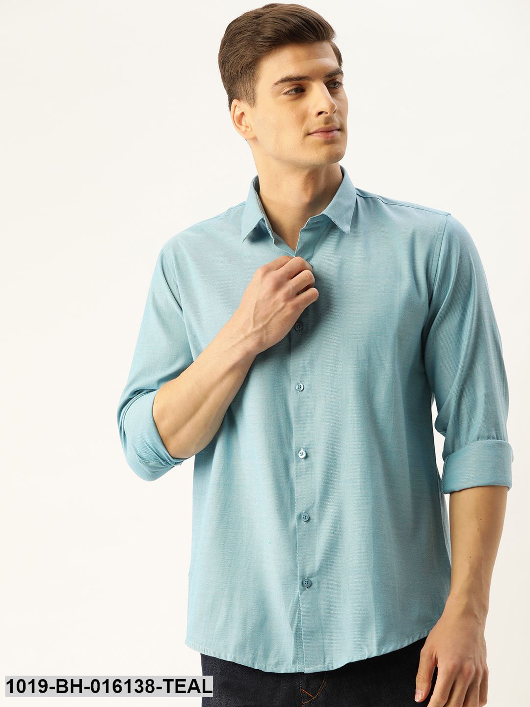 Men's Cotton Teal Blue Self Design Casual Shirt