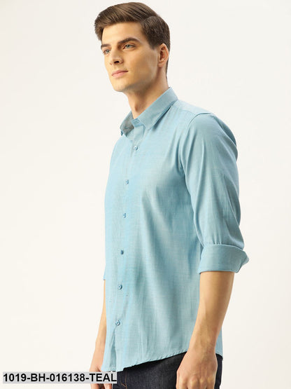 Men's Cotton Teal Blue Self Design Casual Shirt