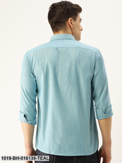 Men's Cotton Teal Blue Self Design Casual Shirt