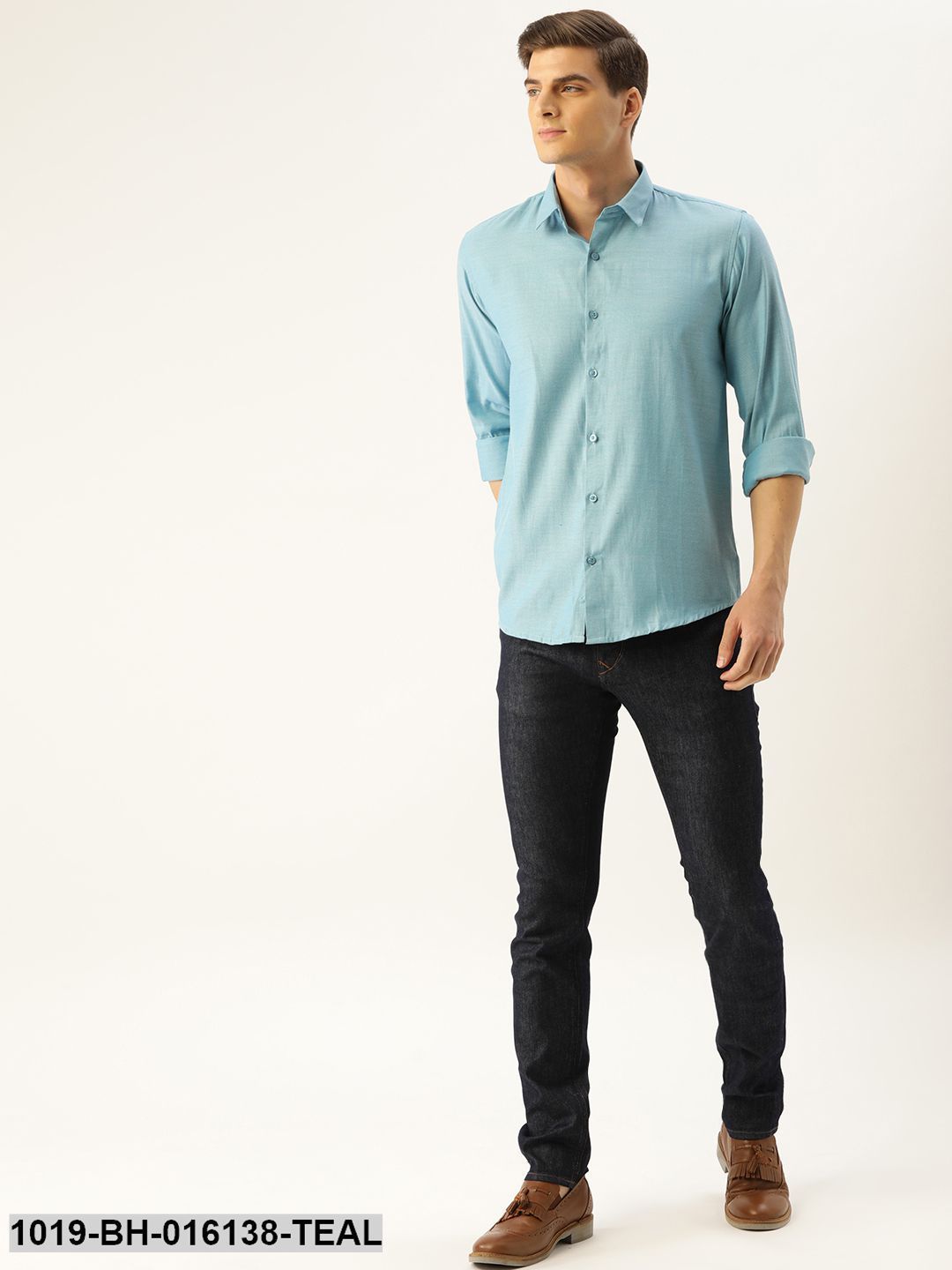 Men's Cotton Teal Blue Self Design Casual Shirt