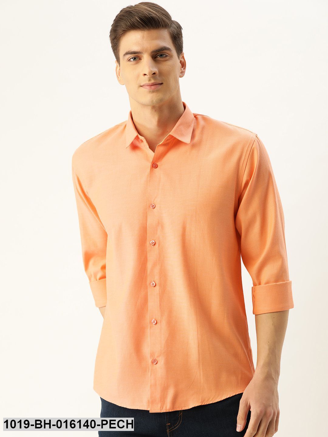 Men's Cotton Dark Peach Self Design Casual Shirt