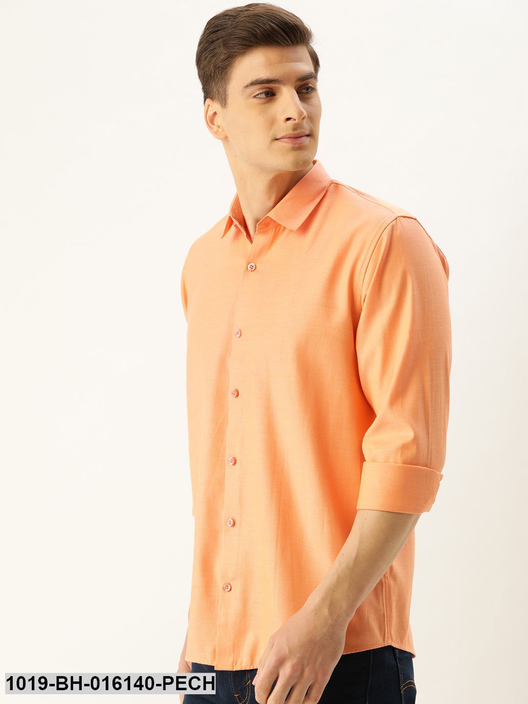 Men's Cotton Dark Peach Self Design Casual Shirt