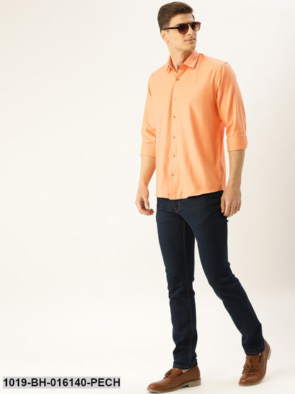 Men's Cotton Dark Peach Self Design Casual Shirt