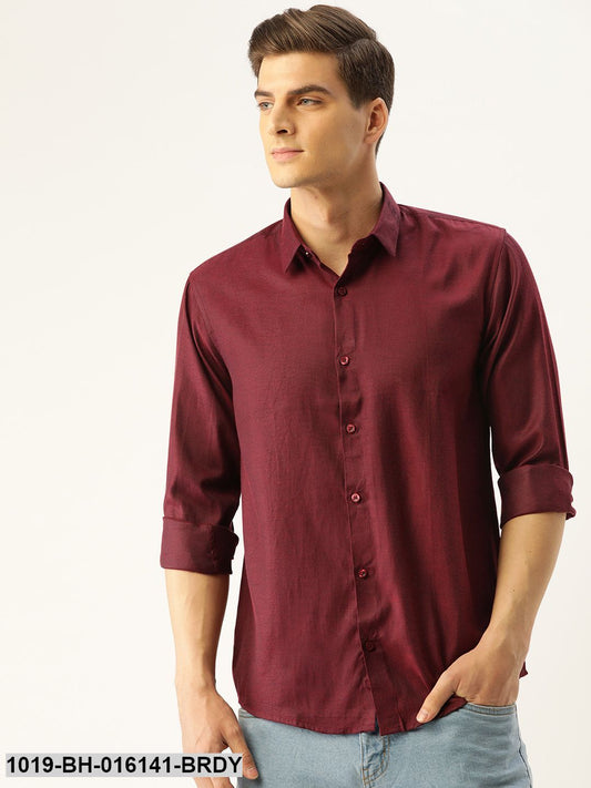 Men's Cotton Burgundy Self Design Casual Shirt