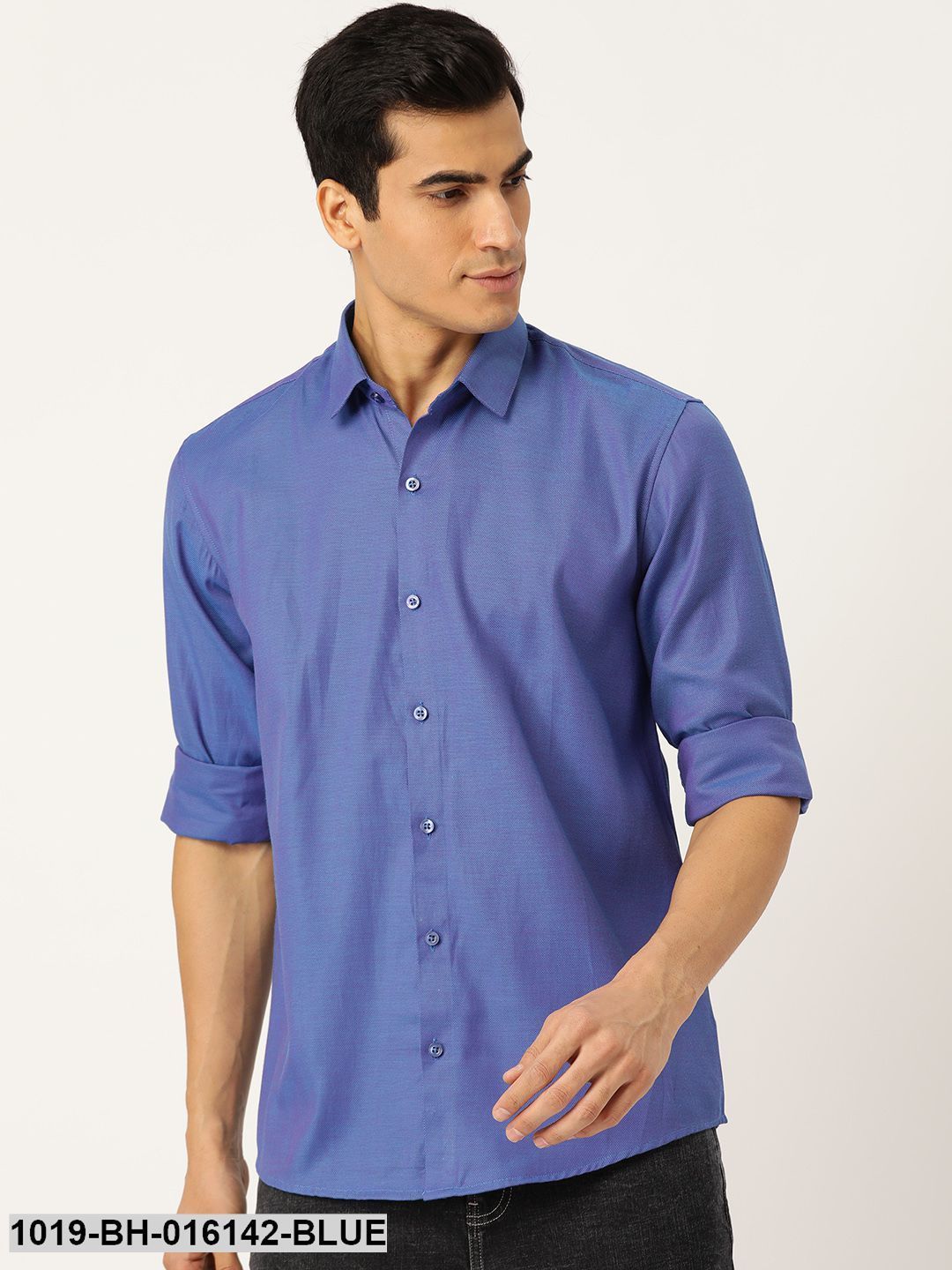 Men's Cotton Blue Self Design Casual Shirt