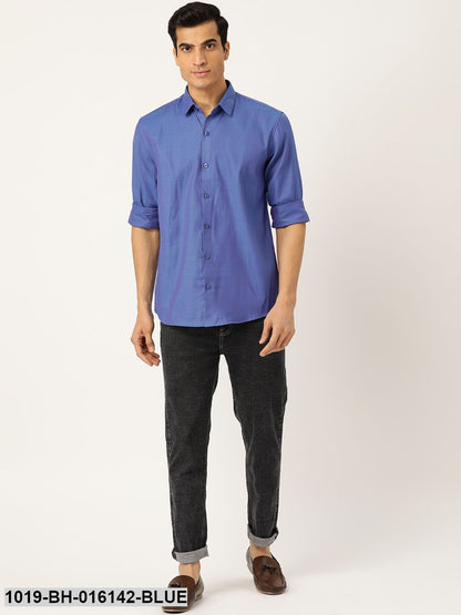 Men's Cotton Blue Self Design Casual Shirt