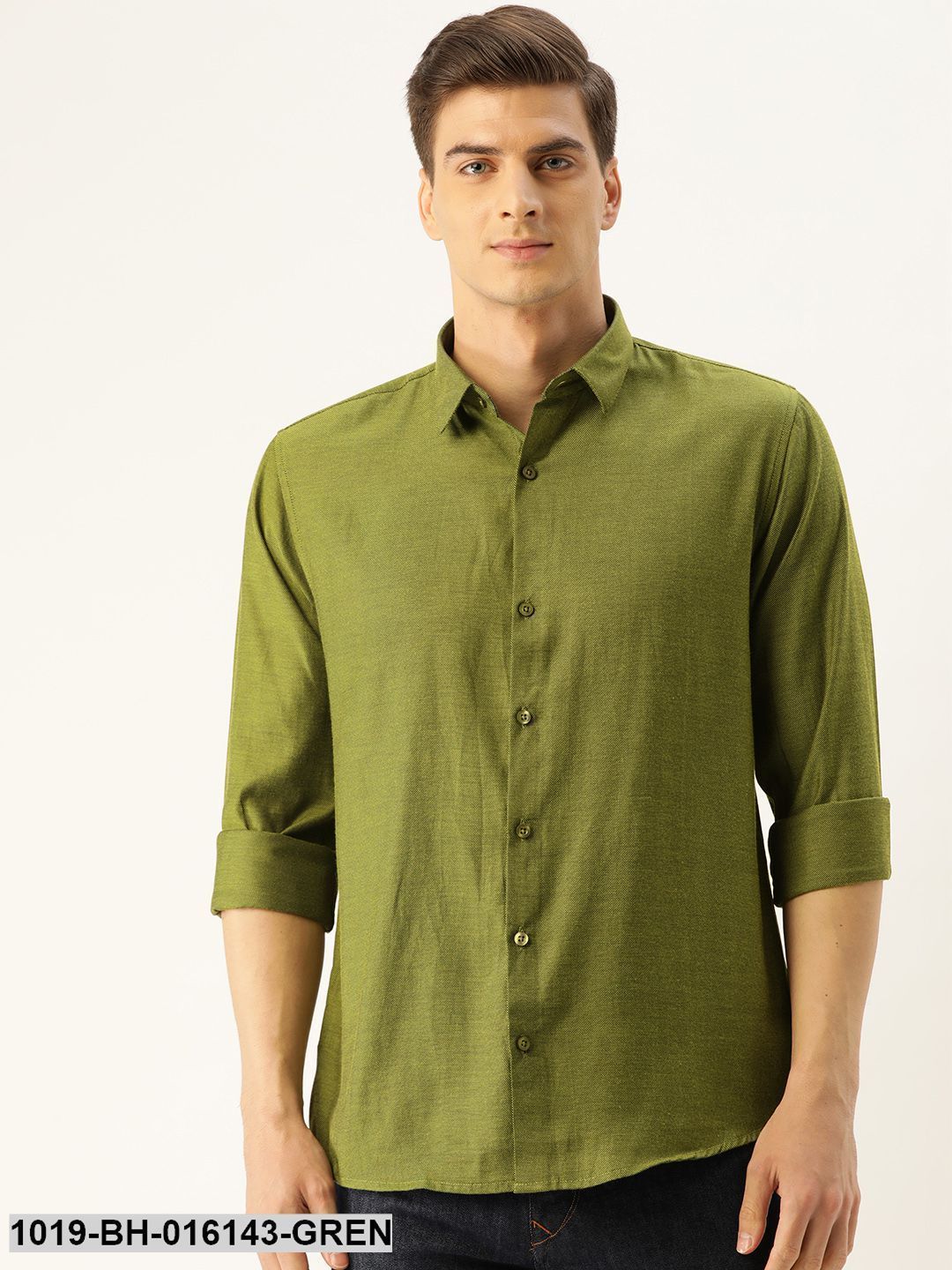 Men's Cotton Moss Green Self Design Casual Shirt