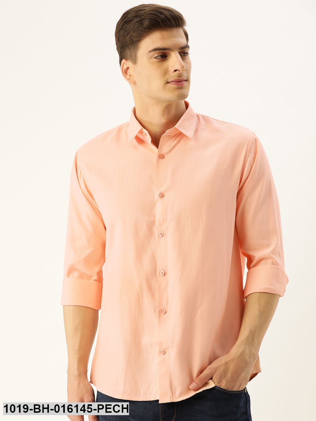 Men's Cotton Peach Self Design Casual Shirt