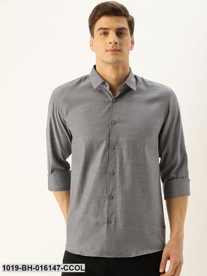 Men's Cotton Charcoal Grey Self Design Casual Shirt