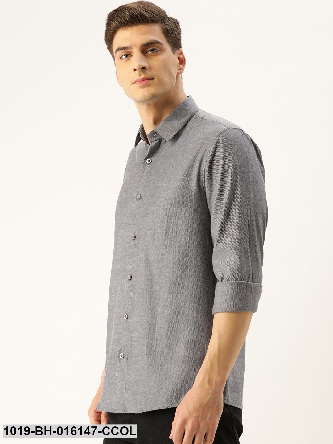 Men's Cotton Charcoal Grey Self Design Casual Shirt