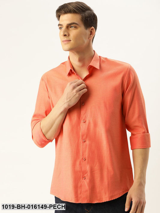 Men's Cotton Dark Peach Self Design Casual Shirt