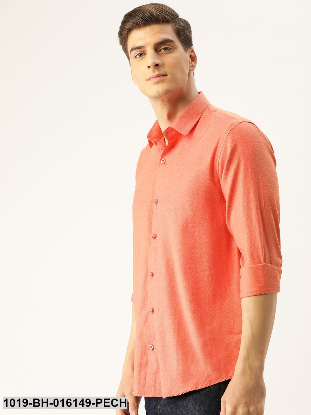 Men's Cotton Dark Peach Self Design Casual Shirt