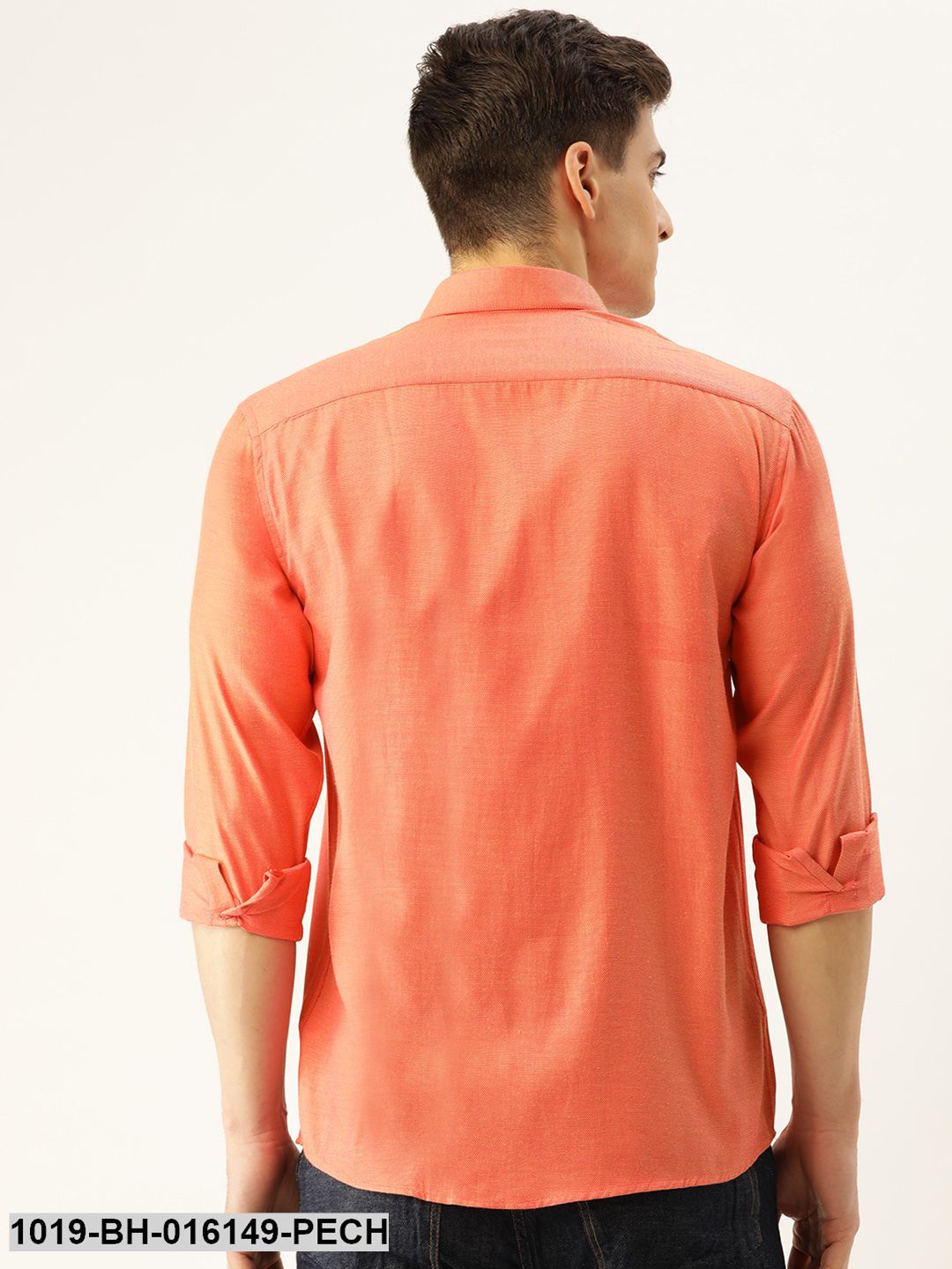 Men's Cotton Dark Peach Self Design Casual Shirt