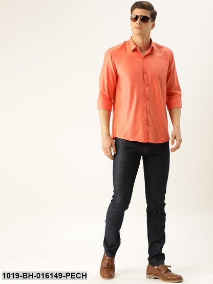 Men's Cotton Dark Peach Self Design Casual Shirt