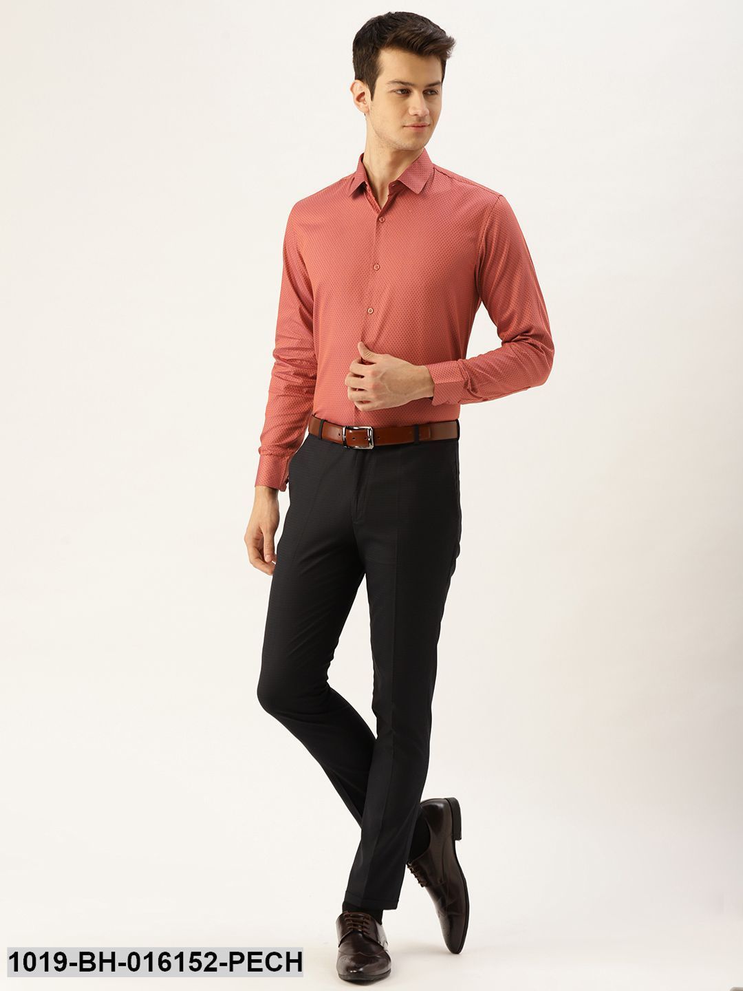 Men's Cotton Peach & Navy Blue Self Design Formal Shirt