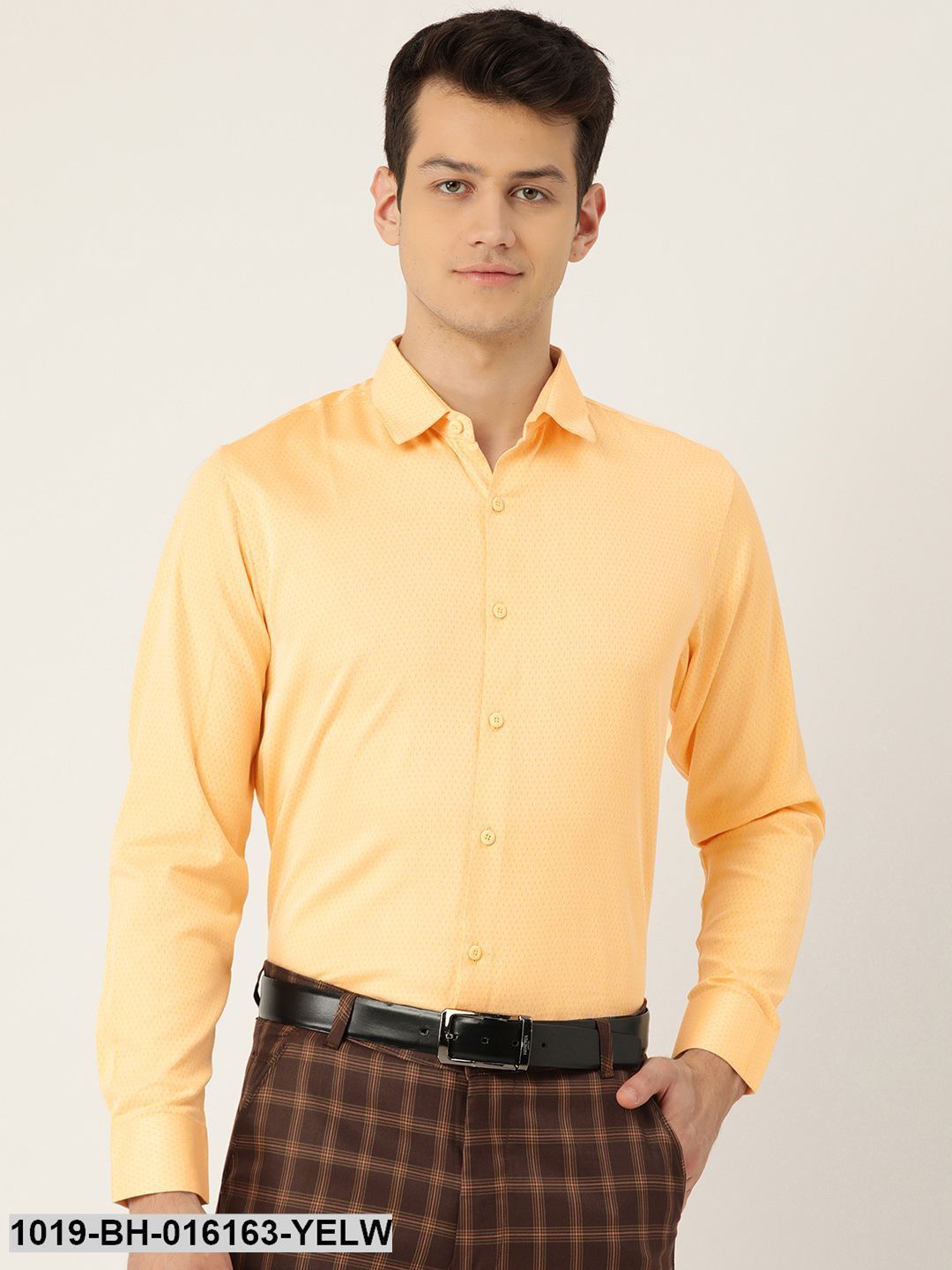 Men's Cotton Lemon Yellow Self Design Formal Shirt