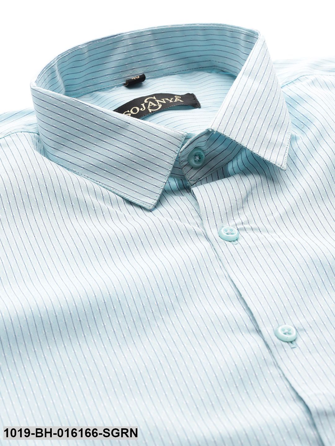 Men's Cotton Sea Green & Navy Blue Striped Formal Shirt