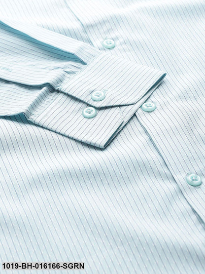 Men's Cotton Sea Green & Navy Blue Striped Formal Shirt