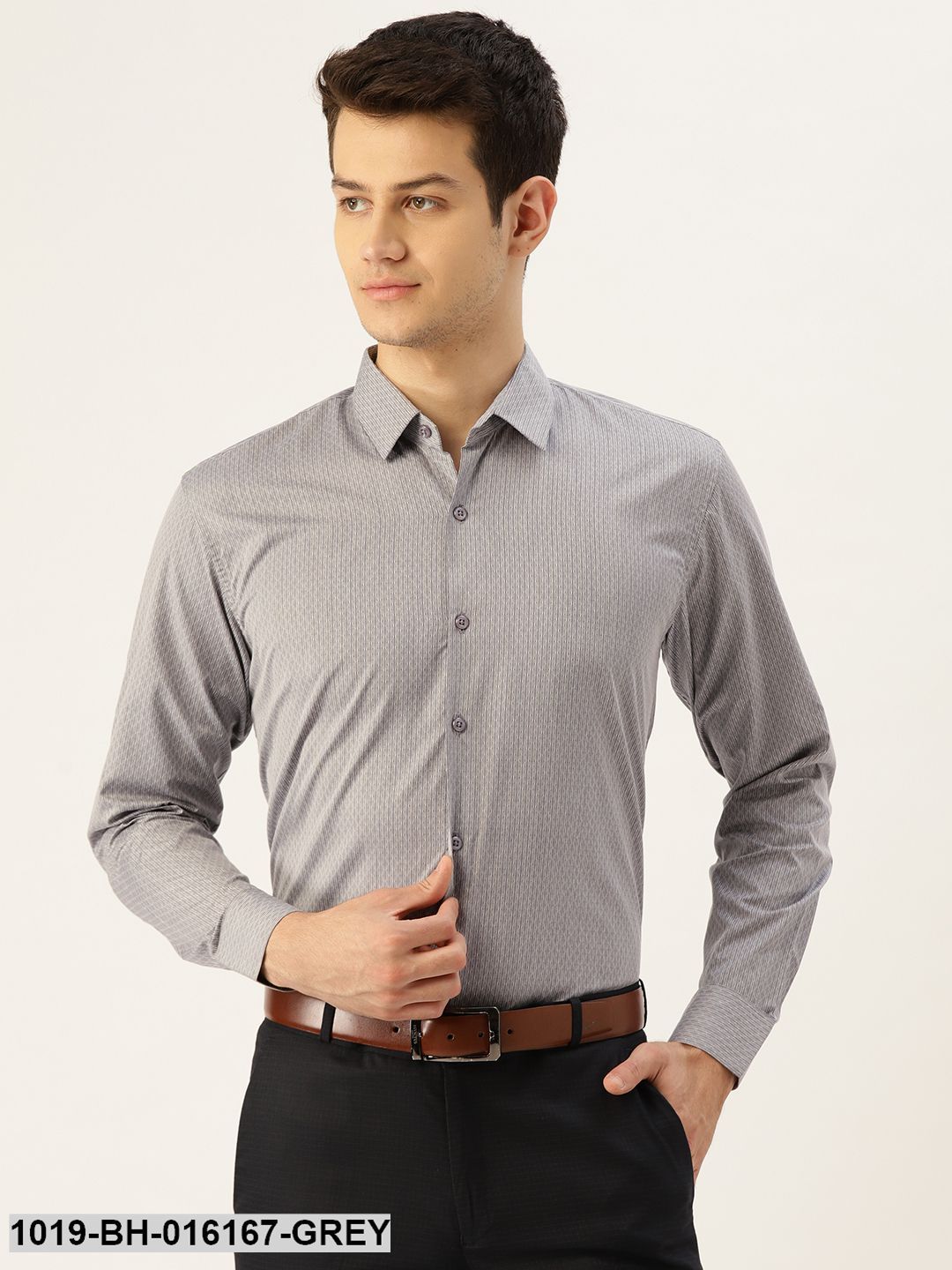 Men's Cotton Grey & Off White Striped Formal Shirt