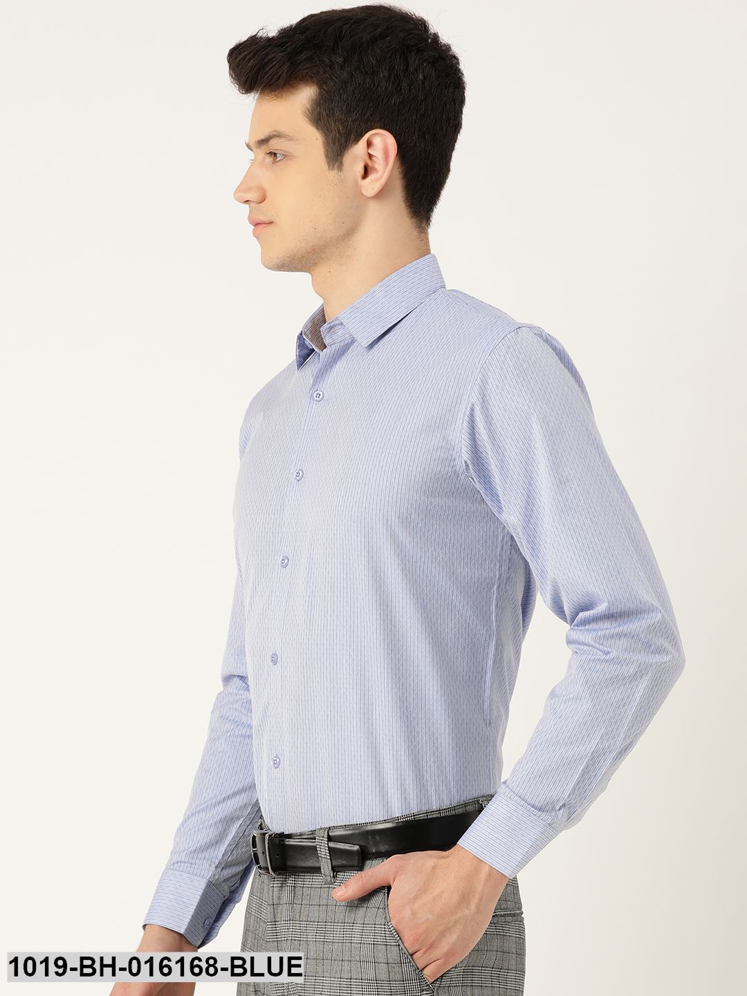 Men's Cotton Blue & Navy Blue Striped Formal Shirt