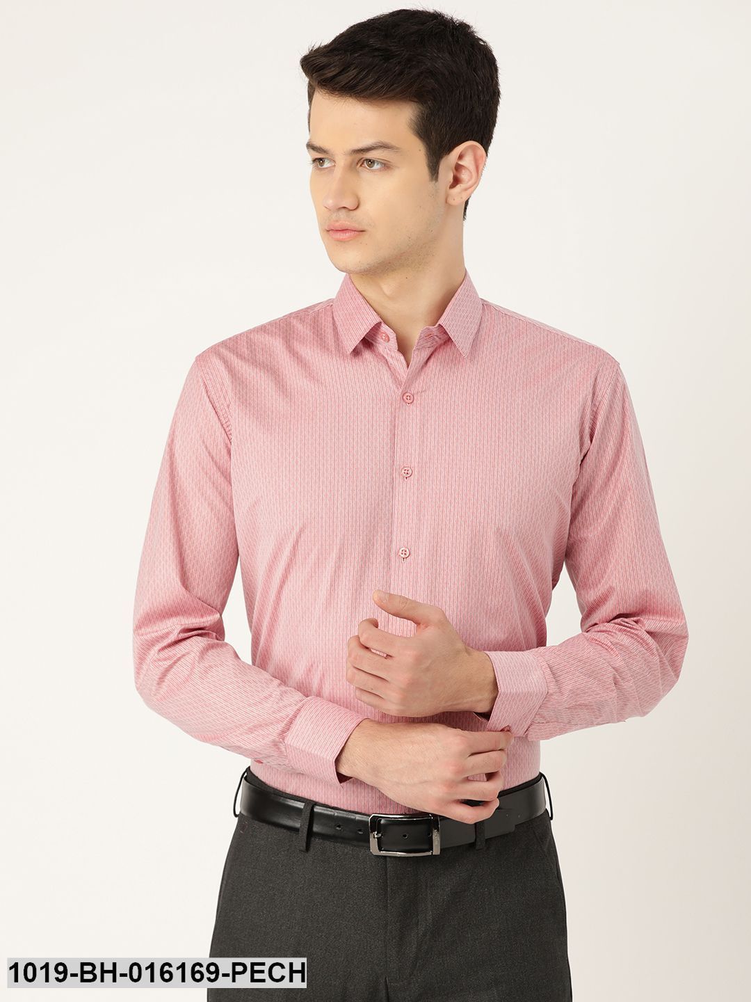 Men's Cotton Peach & Navy Blue Striped Formal Shirt