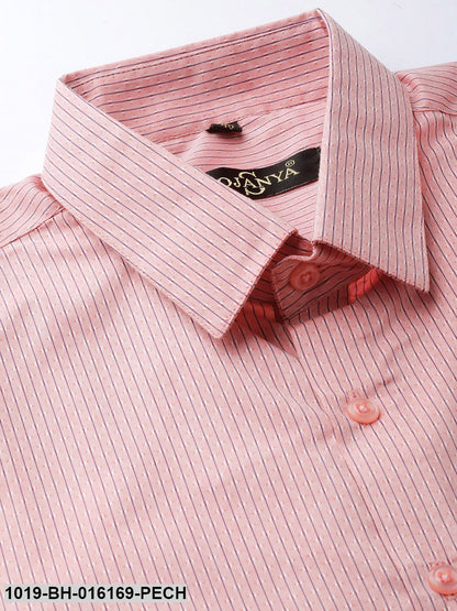 Men's Cotton Peach & Navy Blue Striped Formal Shirt