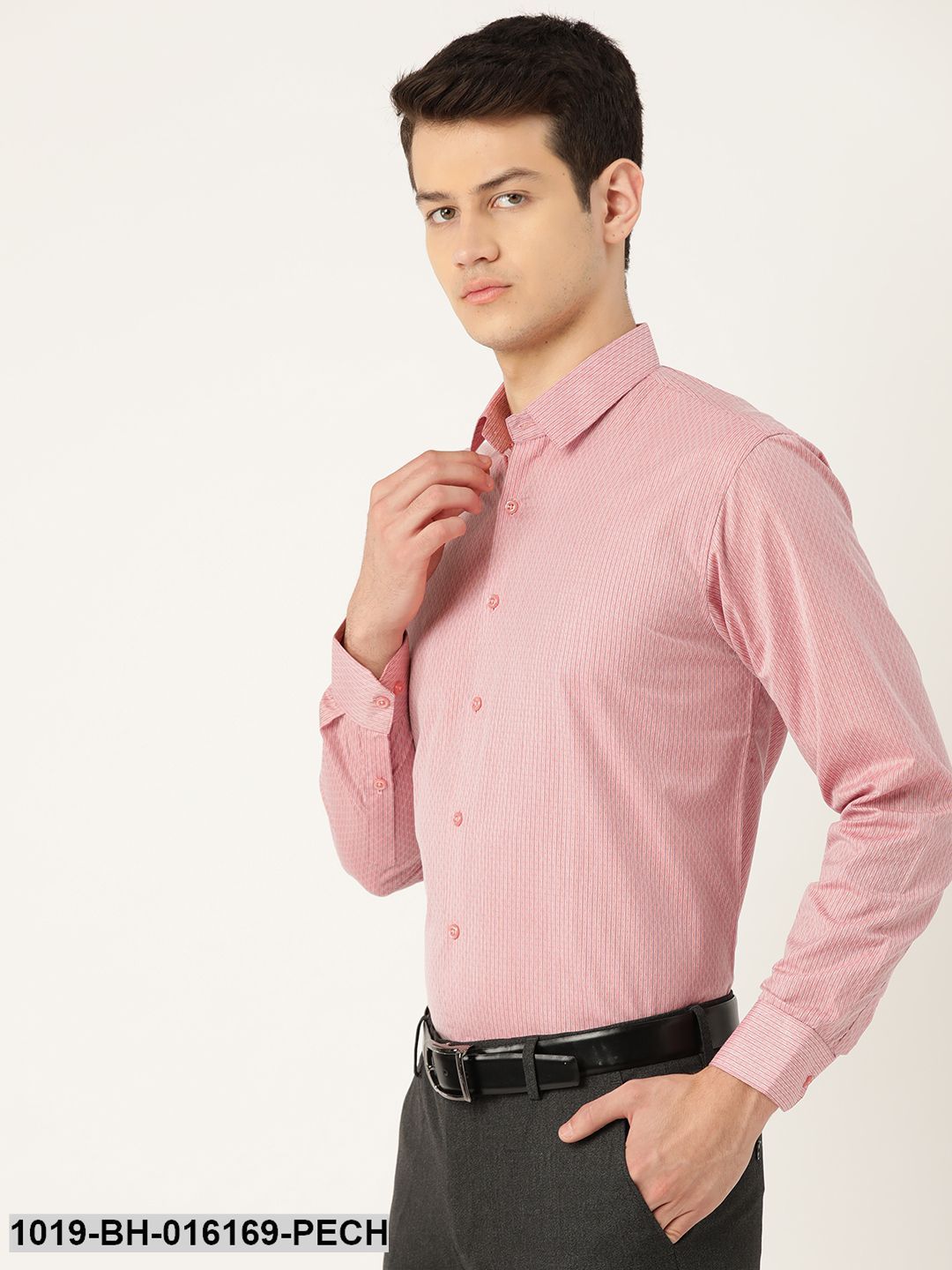 Men's Cotton Peach & Navy Blue Striped Formal Shirt