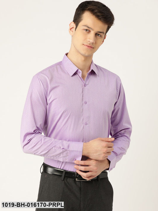 Men's Cotton Purple & Off White Striped Formal Shirt