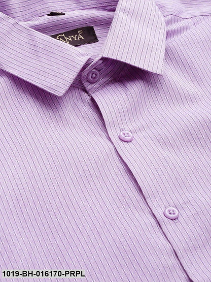 Men's Cotton Purple & Off White Striped Formal Shirt