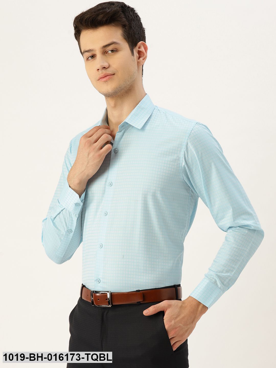 Men's Cotton Sky Blue Checked Formal Shirt