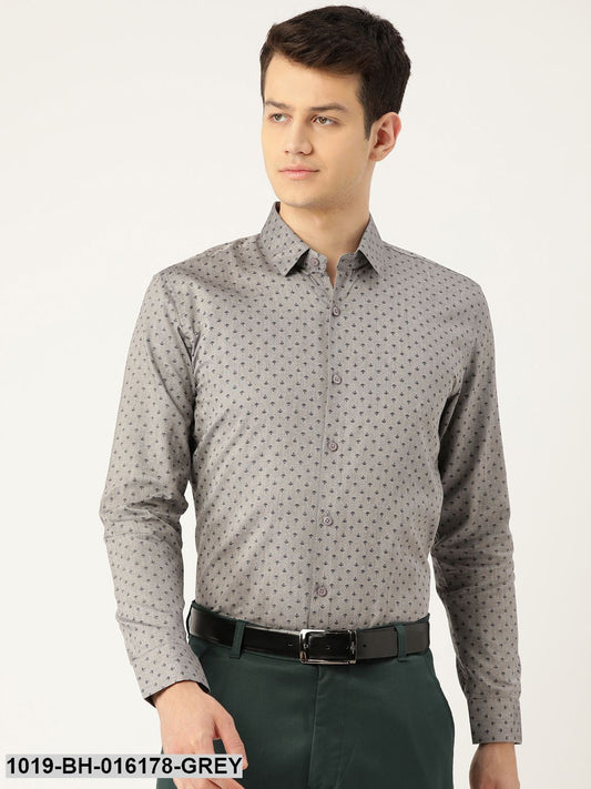 Men's Cotton Grey & Black Printed Formal Shirt