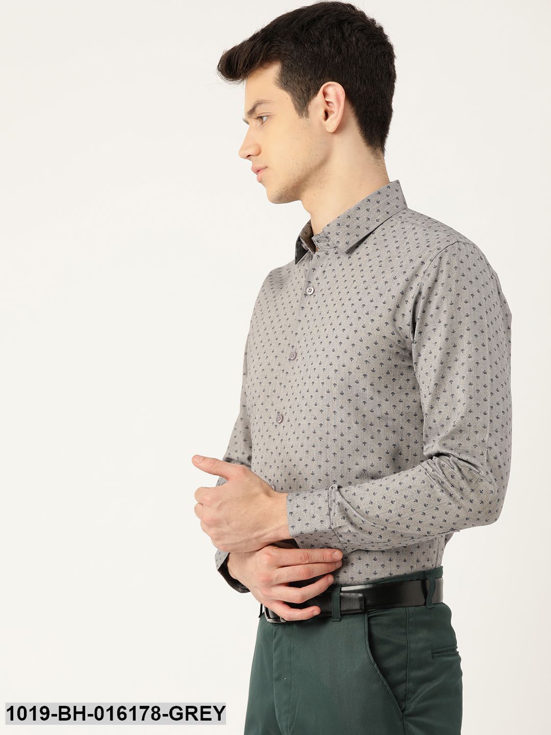 Men's Cotton Grey & Black Printed Formal Shirt