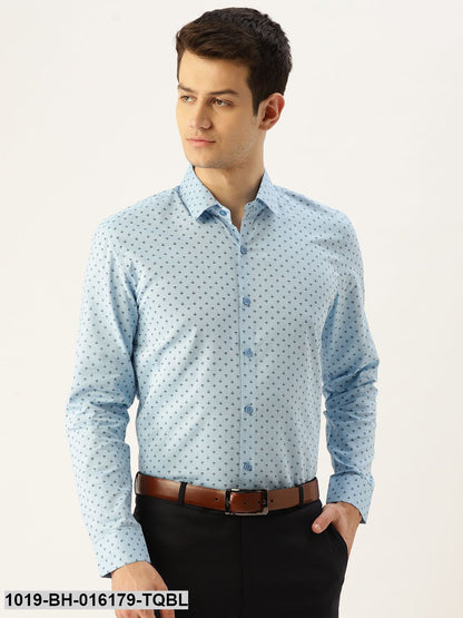 Men's Cotton Sky Blue & Black Printed Formal Shirt