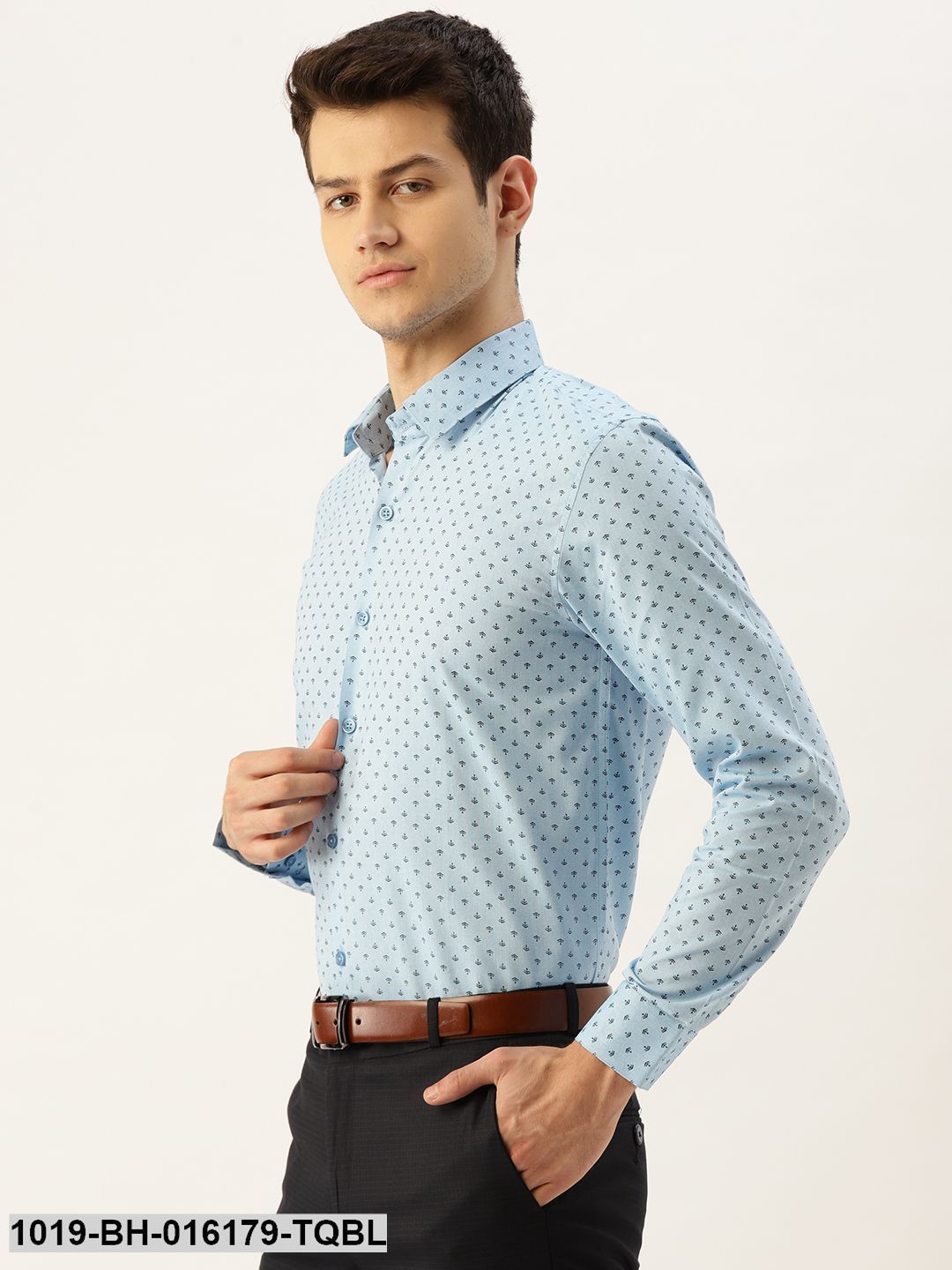 Men's Cotton Sky Blue & Black Printed Formal Shirt