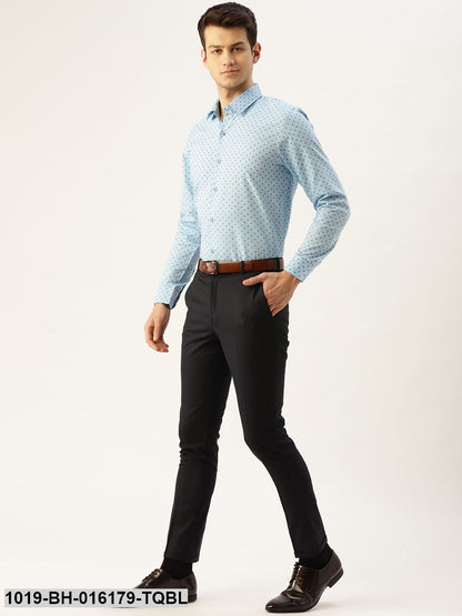 Men's Cotton Sky Blue & Black Printed Formal Shirt