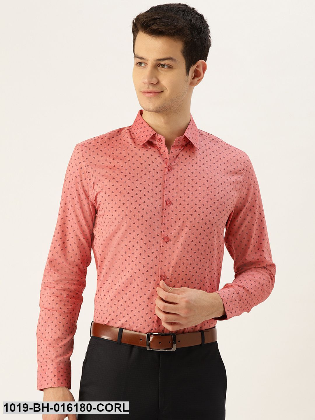 Men's Cotton Coral Red & Black Printed Formal Shirt