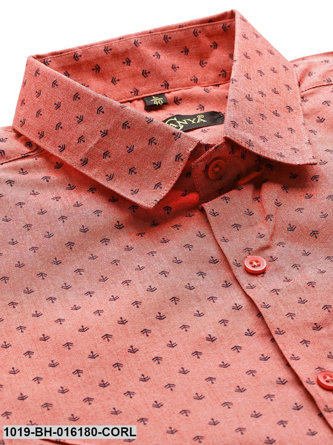 Men's Cotton Coral Red & Black Printed Formal Shirt