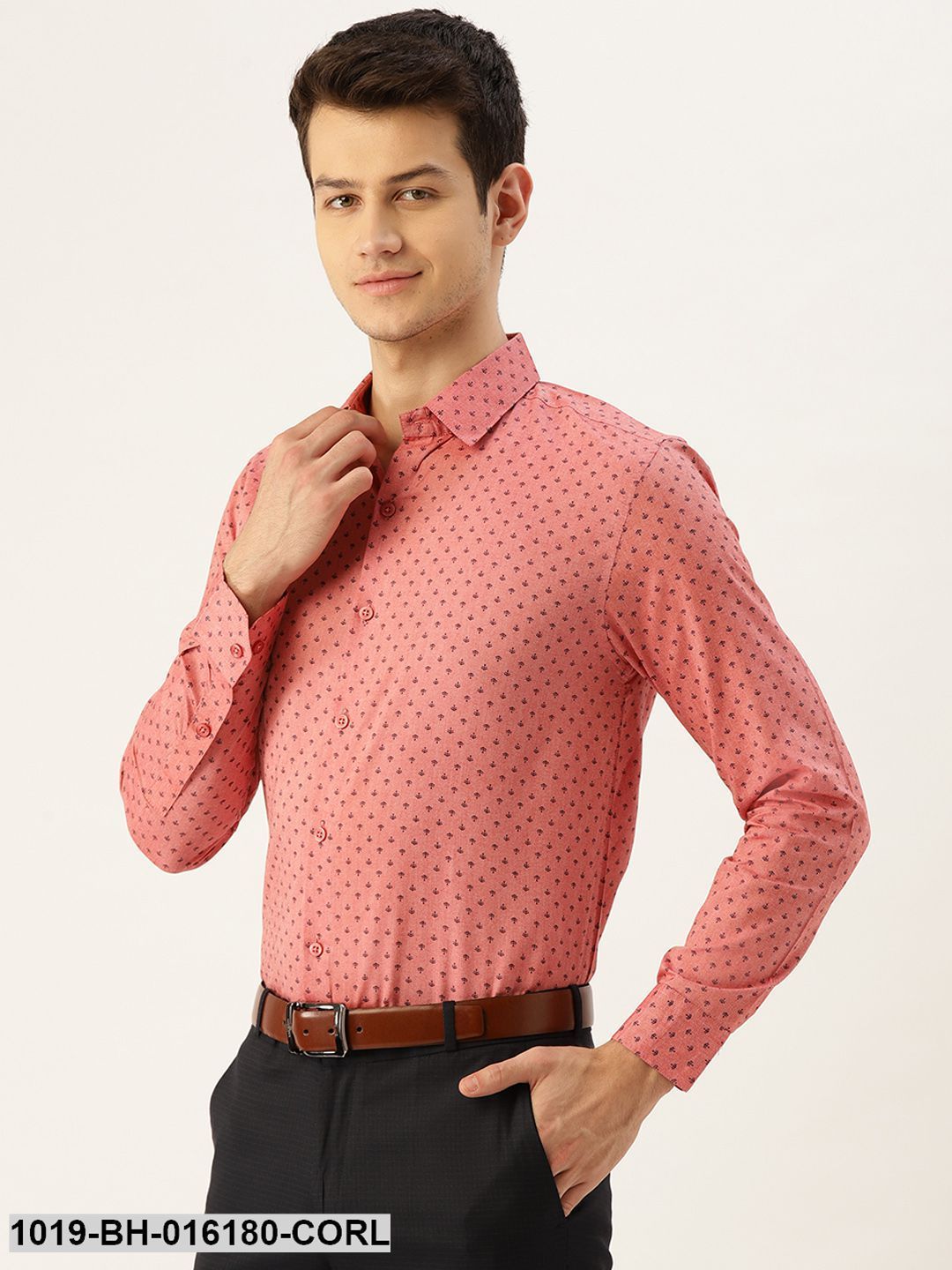 Men's Cotton Coral Red & Black Printed Formal Shirt