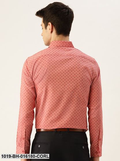 Men's Cotton Coral Red & Black Printed Formal Shirt