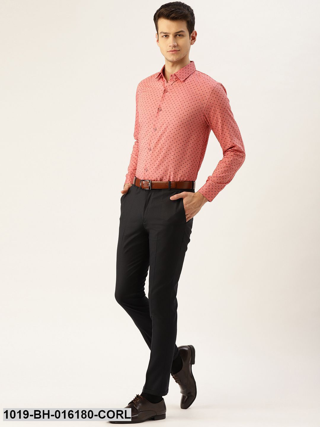 Men's Cotton Coral Red & Black Printed Formal Shirt