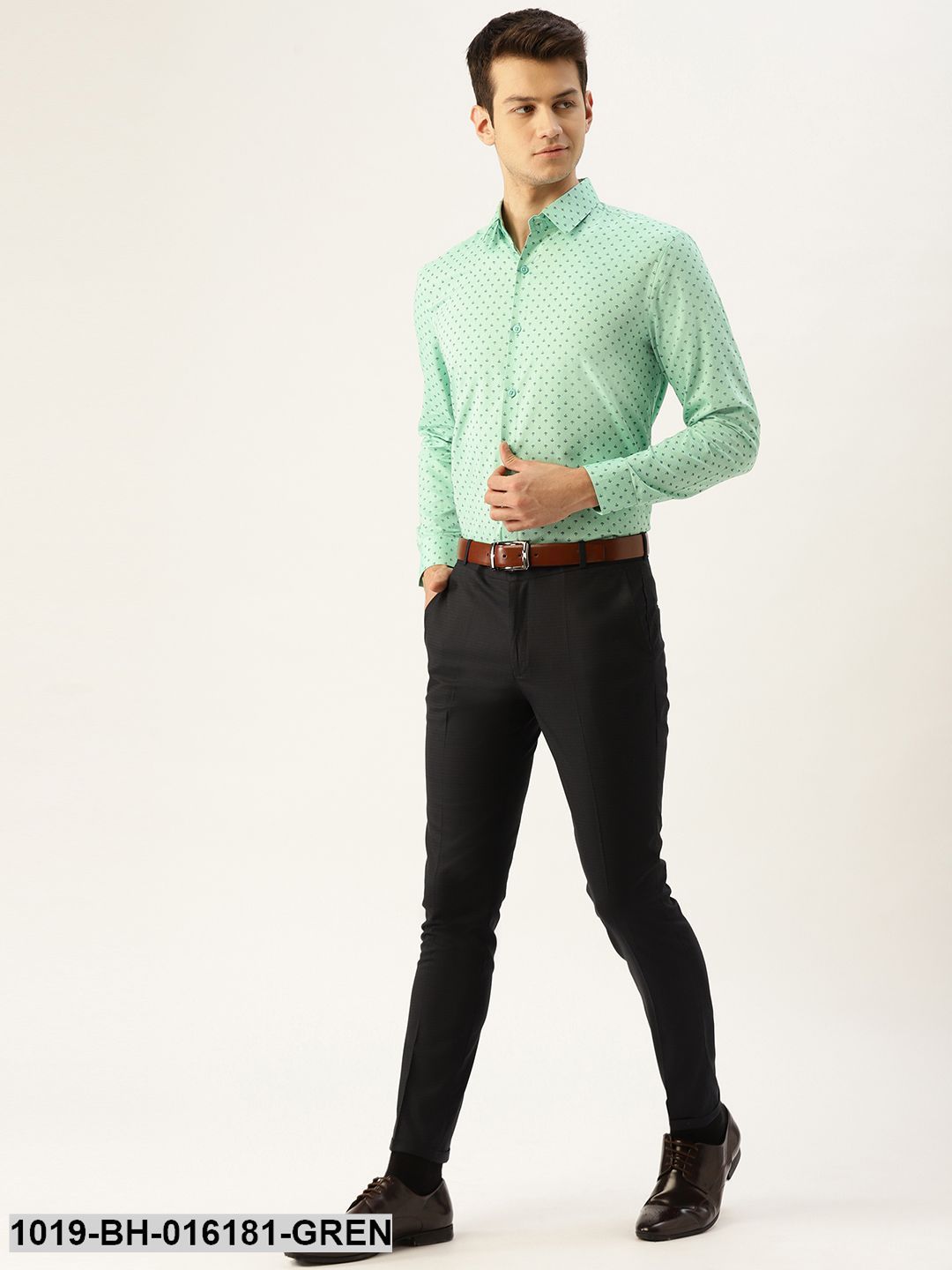 Men's Cotton Green & Black Printed Formal Shirt