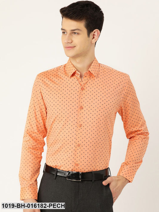 Men's Cotton Peach & Black Printed Formal Shirt