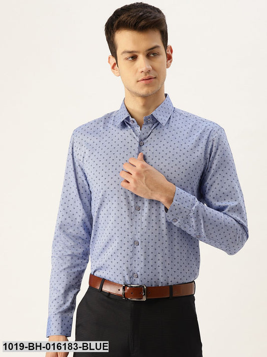 Men's Cotton Blue & Black Printed Formal Shirt