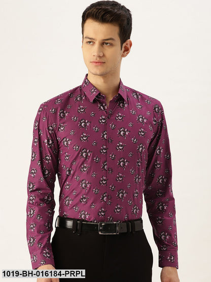 Men's Cotton Dark Purple & Black Printed Formal Shirt