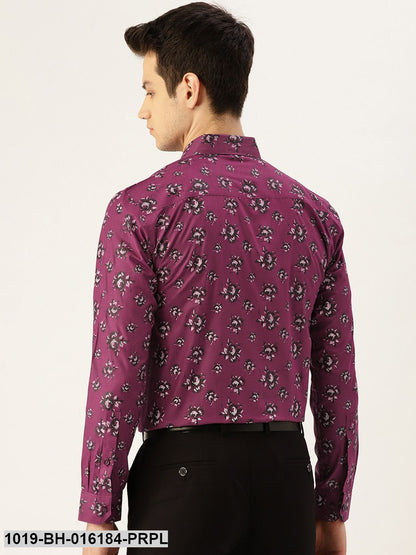 Men's Cotton Dark Purple & Black Printed Formal Shirt