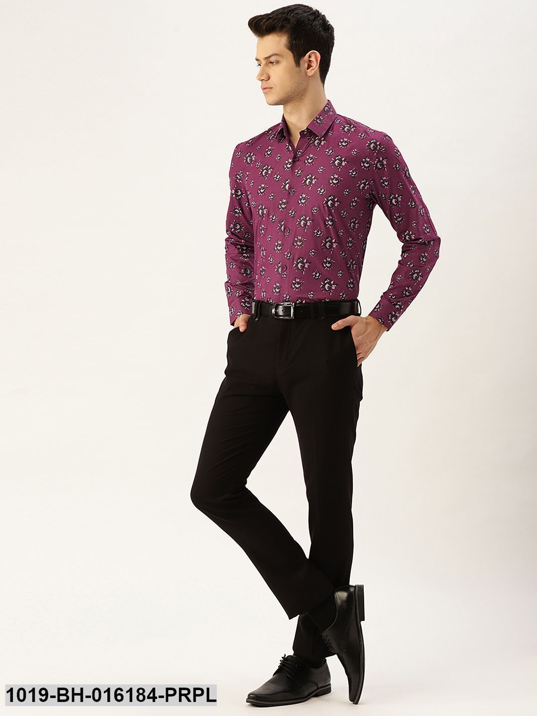 Men's Cotton Dark Purple & Black Printed Formal Shirt