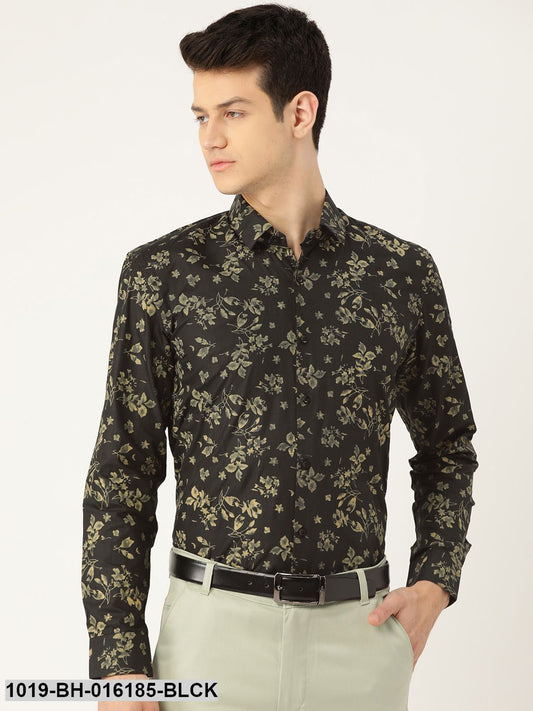 Men's Cotton Black & Green Printed Formal Shirt